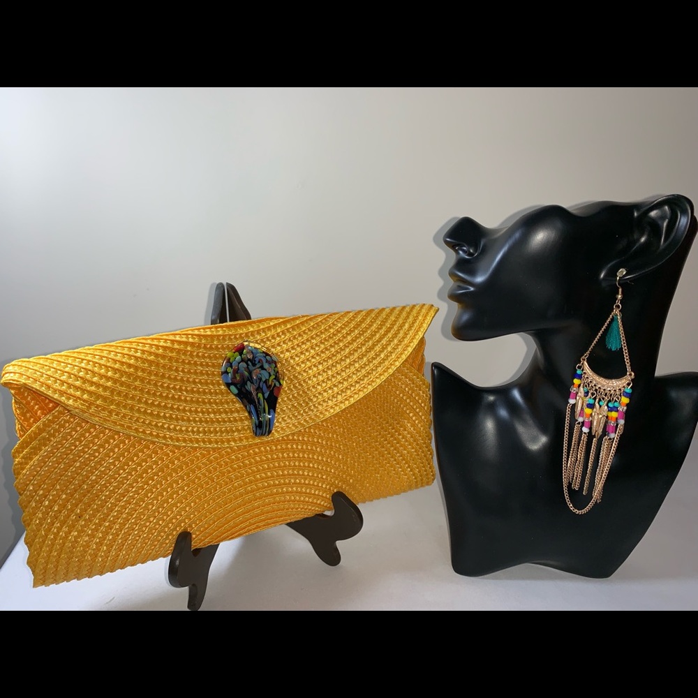 Yellow Handcrafted Clutch with Earrings